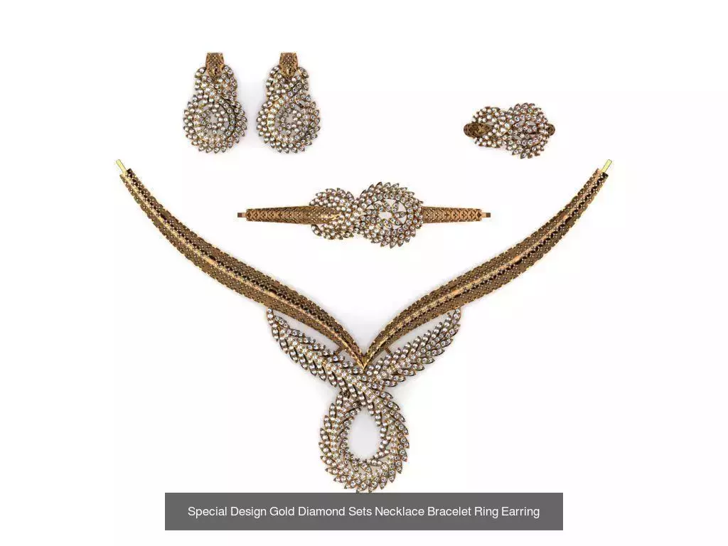 Special Design Gold Diamond Sets Necklace Bracelet Ring Earring 3D Model Collection_16