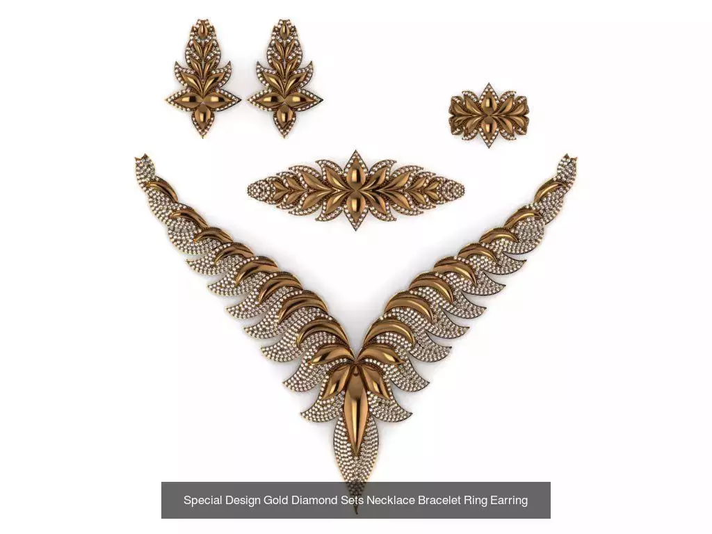 Special Design Gold Diamond Sets Necklace Bracelet Ring Earring 3D Model Collection_7