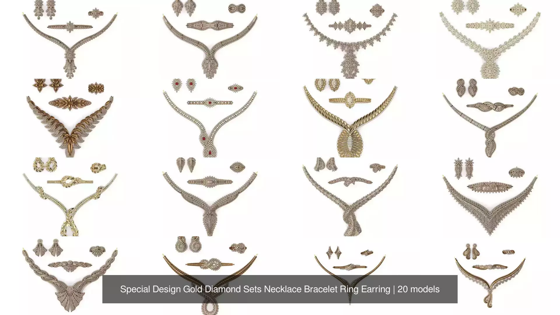 Special Design Gold Diamond Sets Necklace Bracelet Ring Earring 3D Model Collection_0