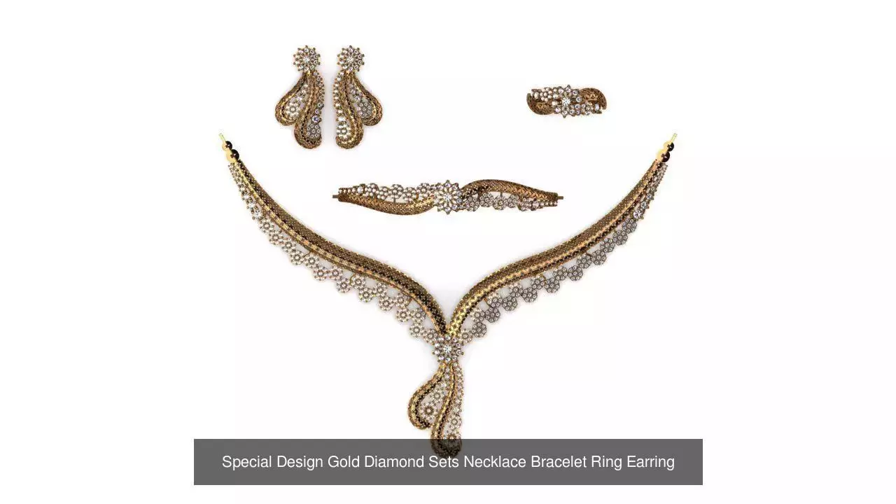 Special Design Gold Diamond Sets Necklace Bracelet Ring Earring 3D Model Collection_18