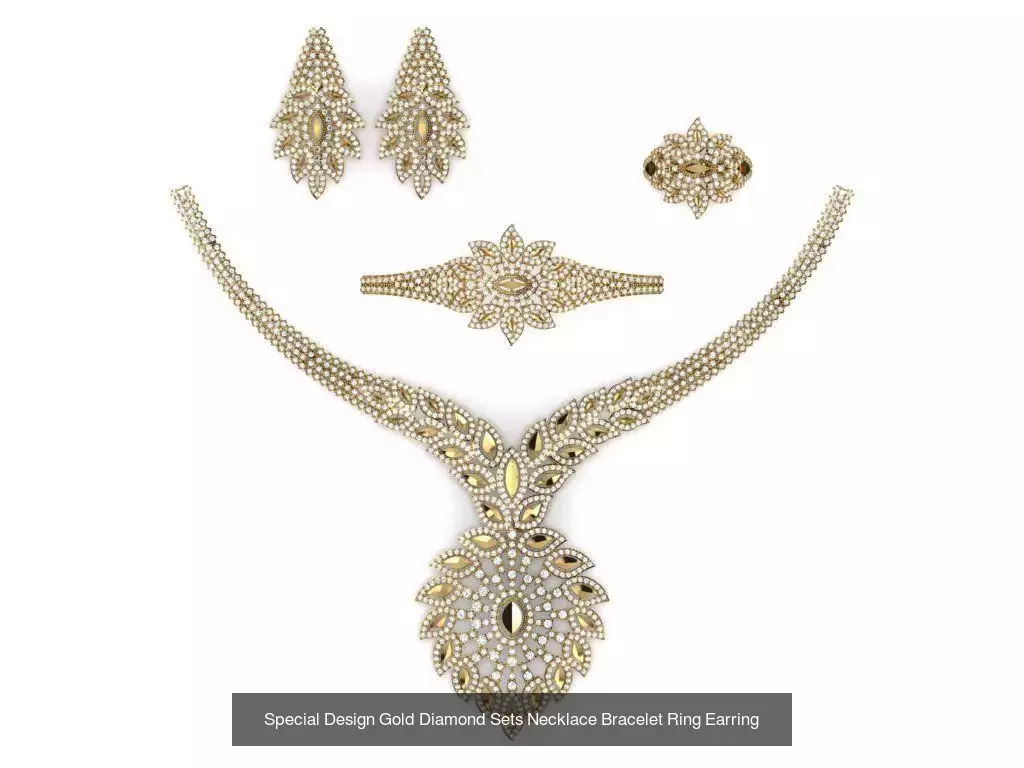 Special Design Gold Diamond Sets Necklace Bracelet Ring Earring 3D Model Collection_22
