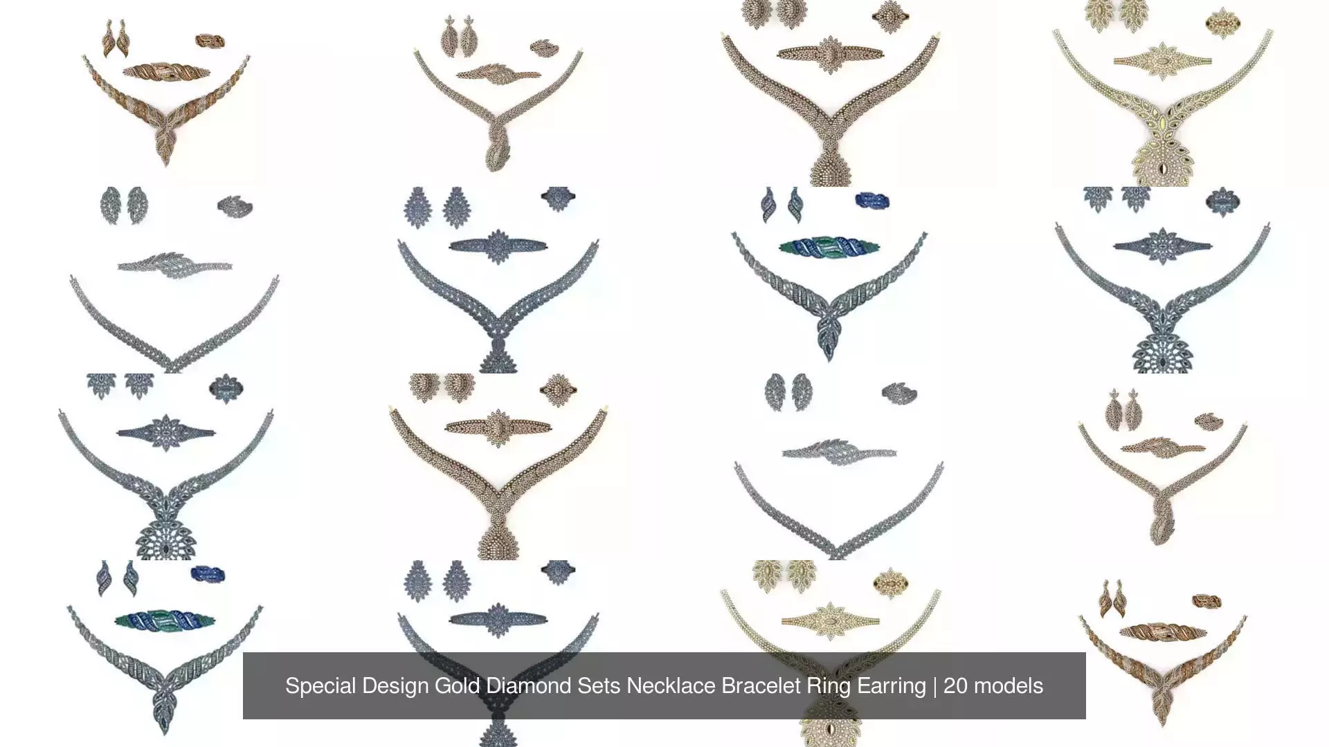 Special Design Gold Diamond Sets Necklace Bracelet Ring Earring 3D Model Collection_2