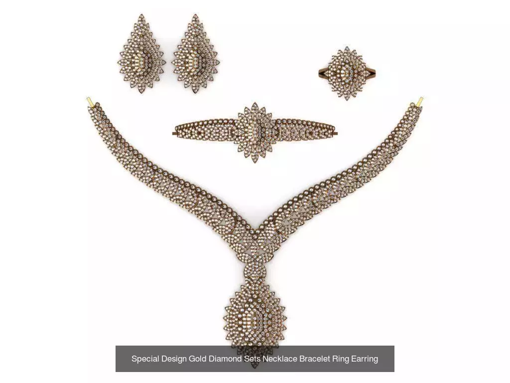 Special Design Gold Diamond Sets Necklace Bracelet Ring Earring 3D Model Collection_21
