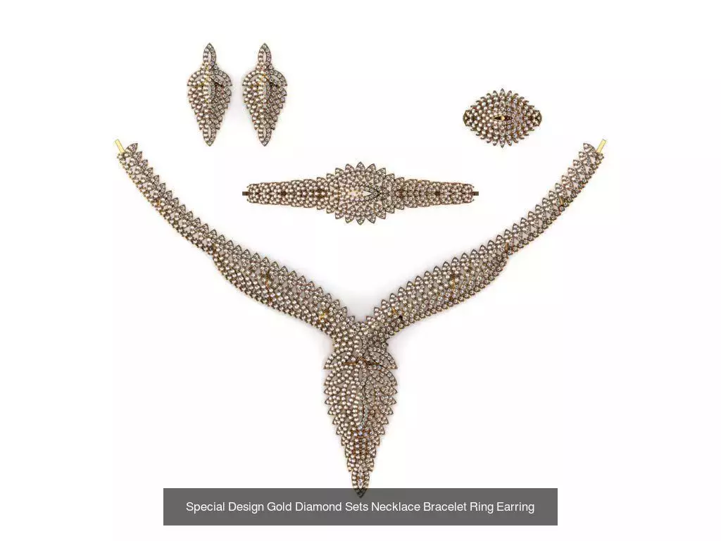 Special Design Gold Diamond Sets Necklace Bracelet Ring Earring 3D Model Collection_12