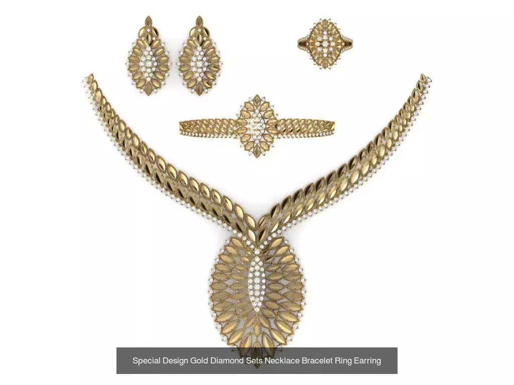Special Design Gold Diamond Sets Necklace Bracelet Ring Earring 3D Model Collection_9