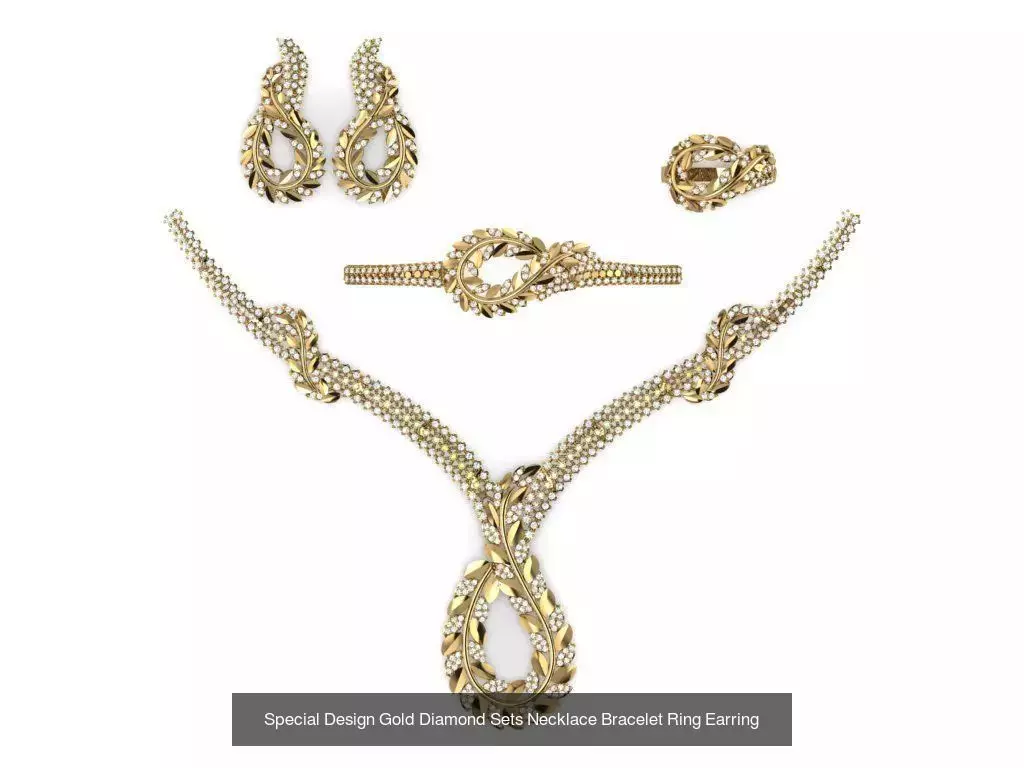 Special Design Gold Diamond Sets Necklace Bracelet Ring Earring 3D Model Collection_11