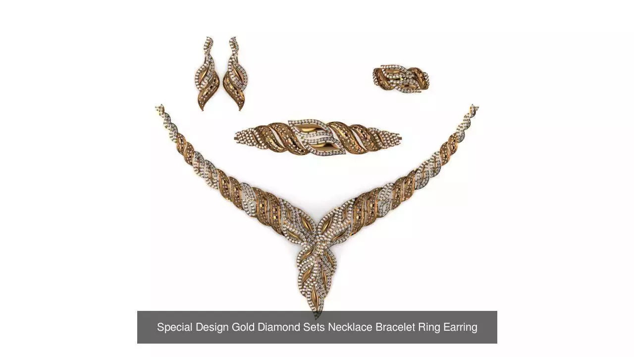 Special Design Gold Diamond Sets Necklace Bracelet Ring Earring 3D Model Collection_19