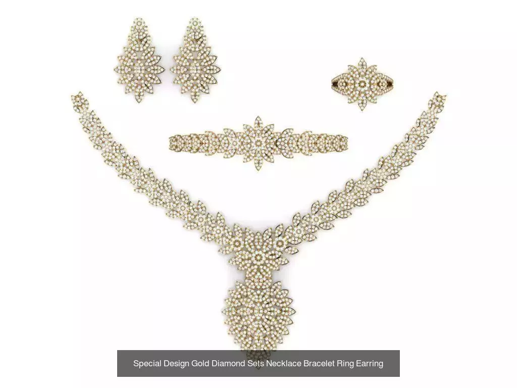 Special Design Gold Diamond Sets Necklace Bracelet Ring Earring 3D Model Collection_6