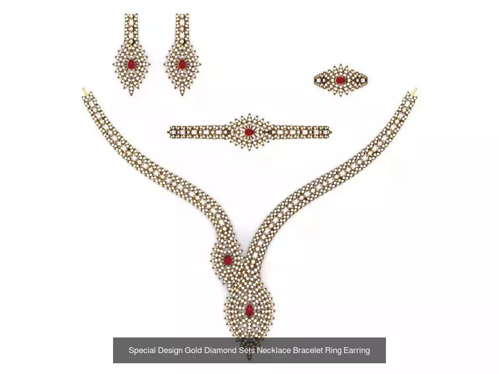 Special Design Gold Diamond Sets Necklace Bracelet Ring Earring 3D Model Collection_8
