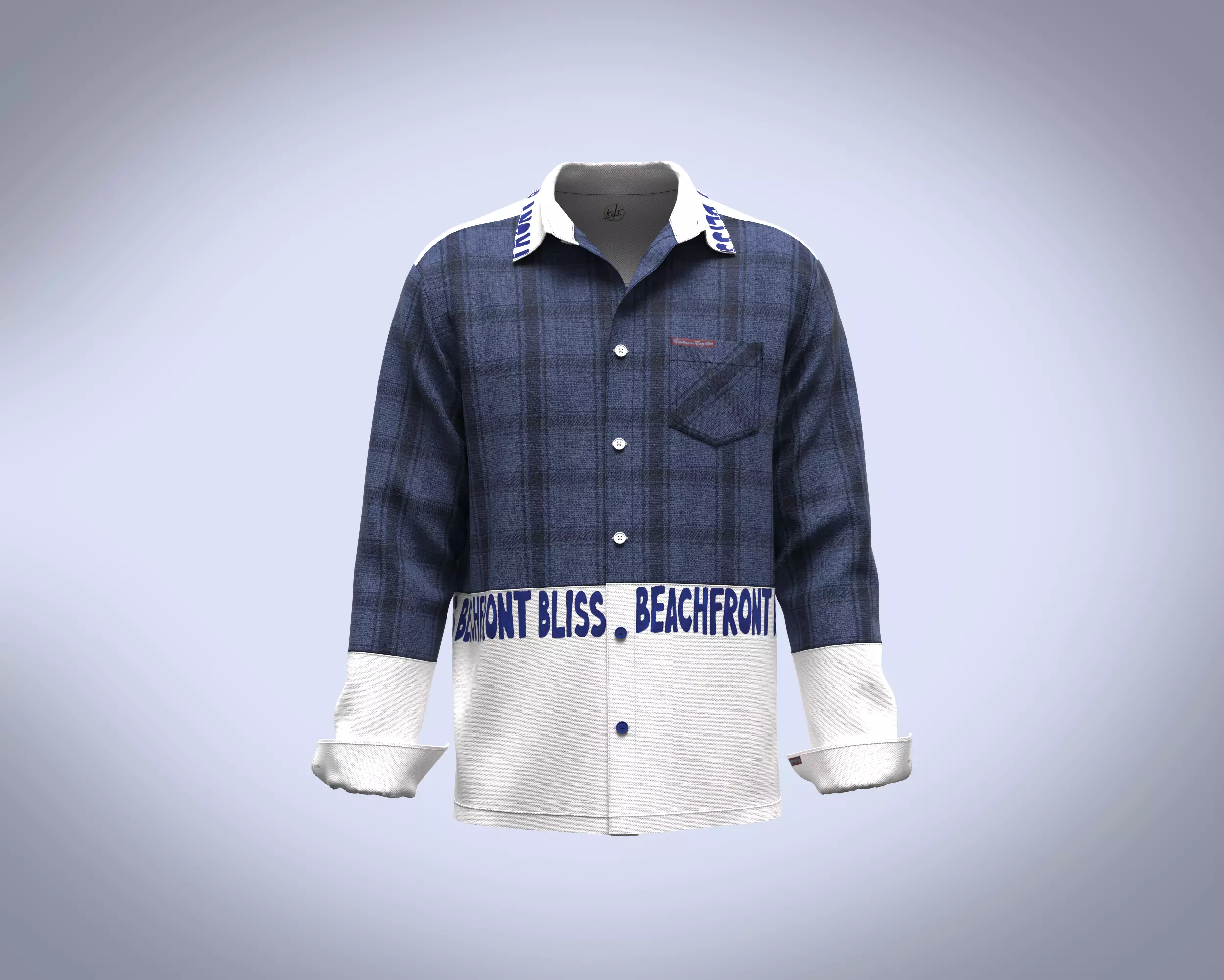 Mens shirt with cut and sew check fabric and print 3D model