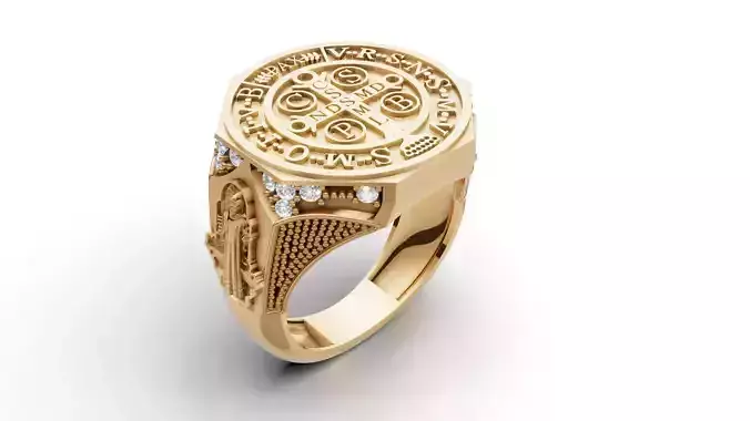 St Benedict Ring 3D Model Religious Medal Mens Jewelry