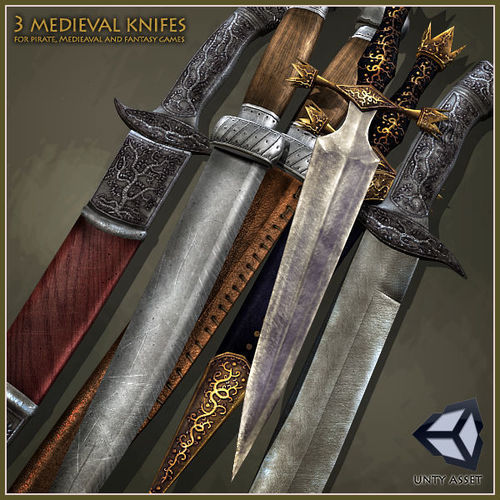 3 Medieval Knives Low-poly 3D model