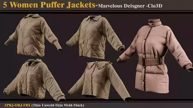 5 Women Puffer Jackets -MD-CLo3D-ZPRJ-FBX-OBJ