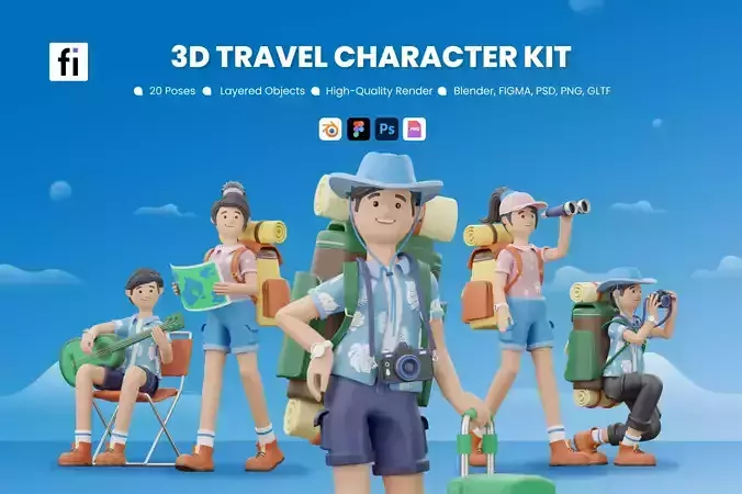 Stylized 3D Travel Character Illustration Kit