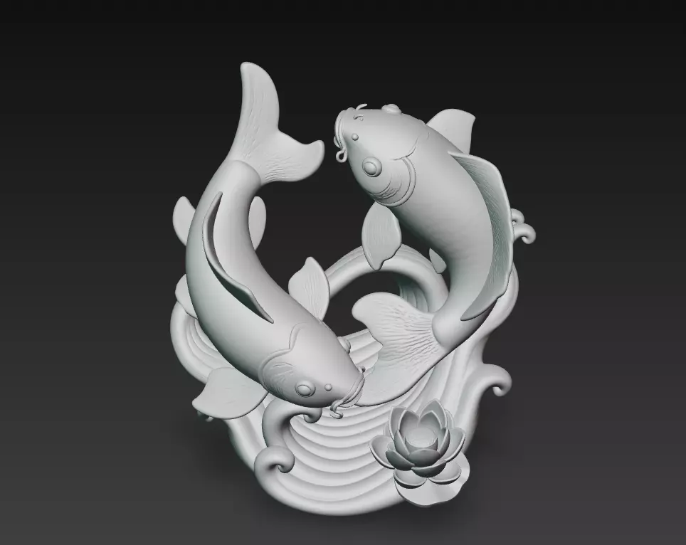 Twin Koi Harmony - Feng Shui Lucky Fish Sculpture 3D Model 3D print model_4