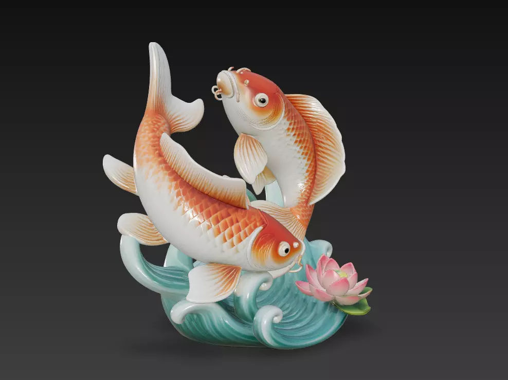 Twin Koi Harmony - Feng Shui Lucky Fish Sculpture 3D Model 3D print model_3