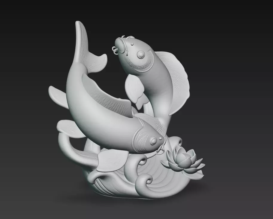 Twin Koi Harmony - Feng Shui Lucky Fish Sculpture 3D Model 3D print model_6