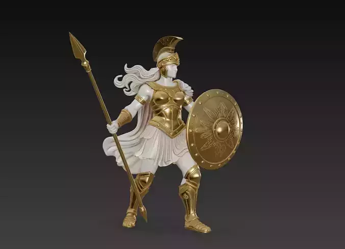 Golden Battle Vanguard - Mythic Female Spear - Shield Sculpture