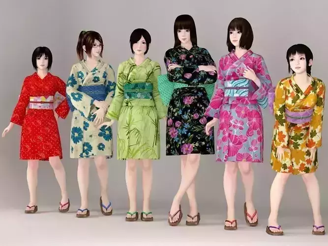 6 girls in kimono pose 01