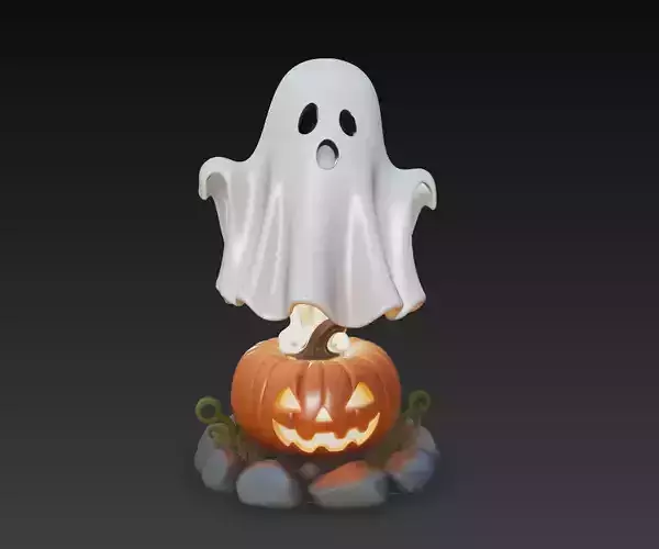 Glowing Ghost on Pumpkin - Cute Halloween Lantern Sculpture 3D