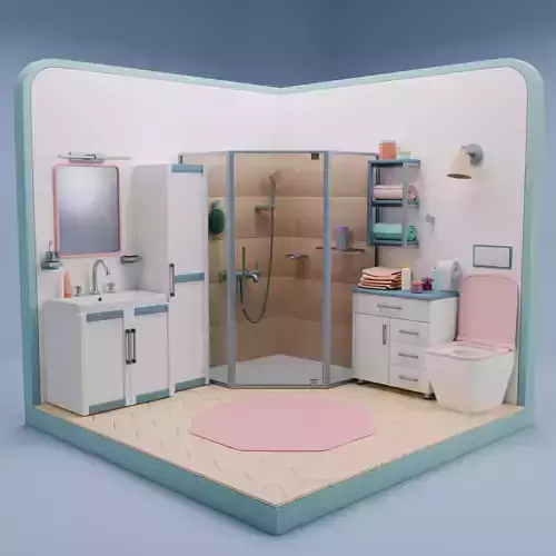 Stylized Isometric Bathroom  Fresh Pastel Design