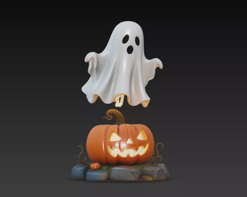 Floating Ghost - Jack-O-Lantern - Cute Halloween Sculpture 3D 3D print model_0