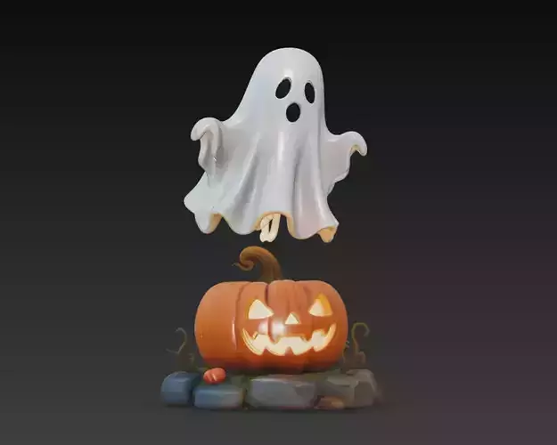 Floating Ghost - Jack-O-Lantern - Cute Halloween Sculpture 3D 