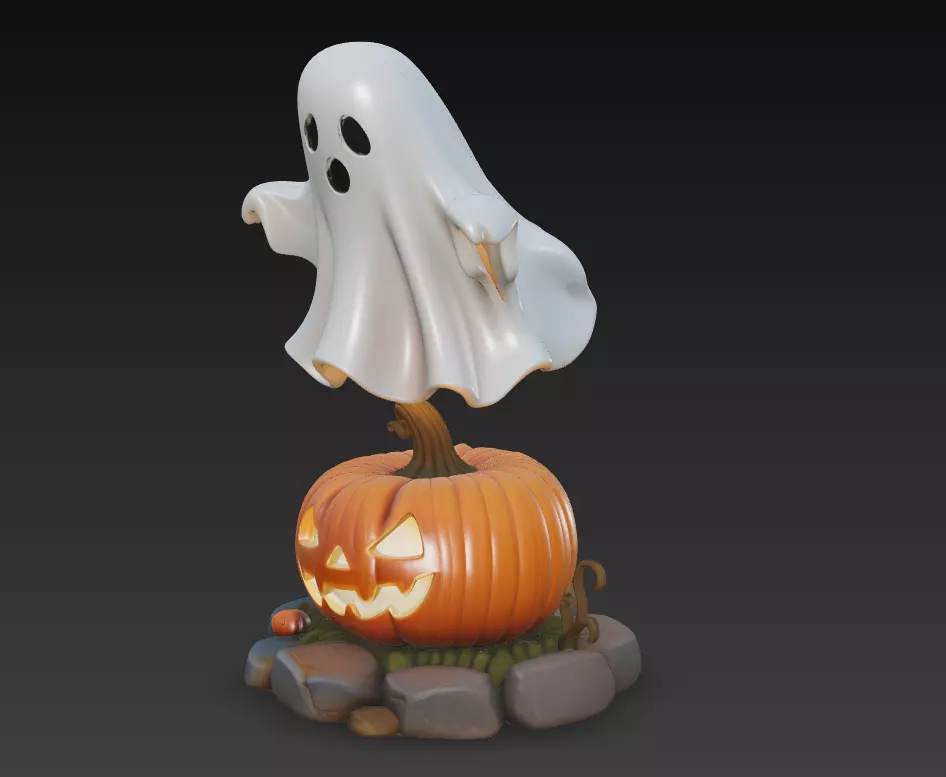 Floating Ghost - Jack-O-Lantern - Cute Halloween Sculpture 3D 3D print model_1