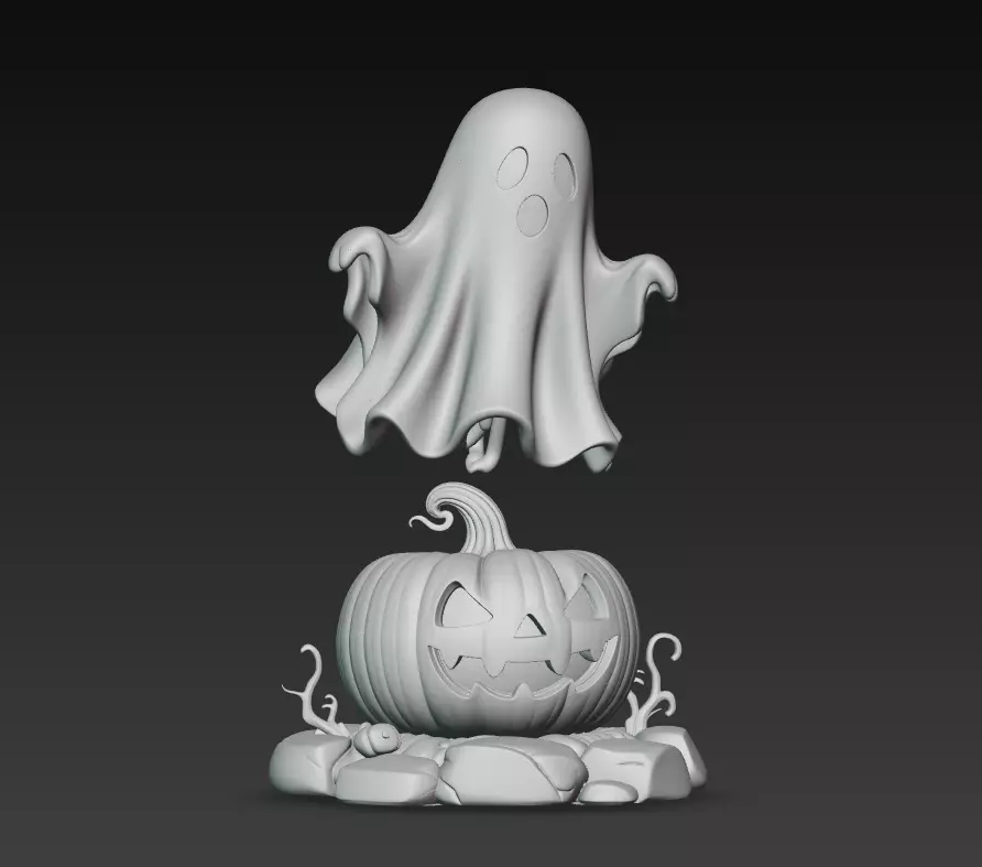 Floating Ghost - Jack-O-Lantern - Cute Halloween Sculpture 3D 3D print model_6