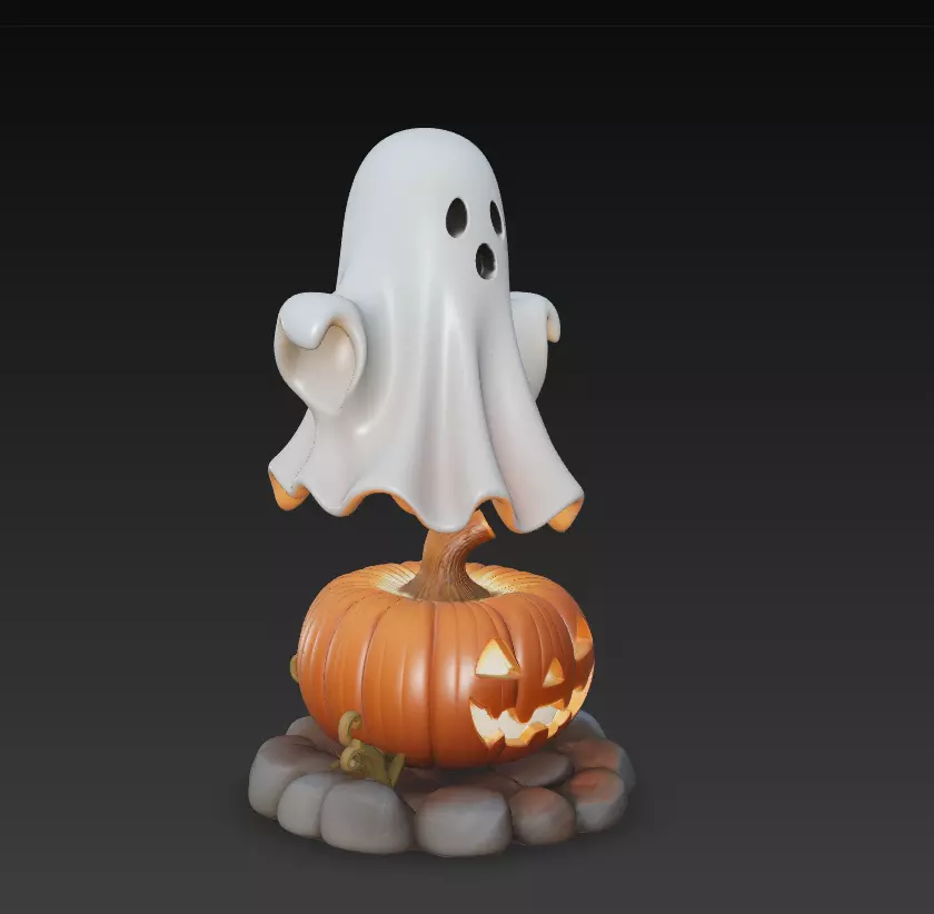 Cute Ghost Pumpkin Lantern - Halloween Decor Sculpture 3D Model 3D print model_3