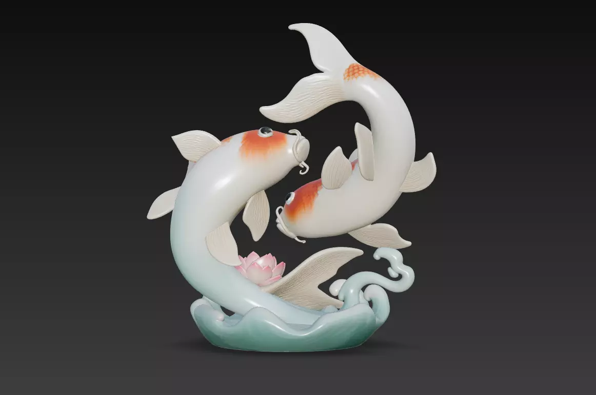 Harmony Koi Pair - Elegant Feng Shui Fish Sculpture 3D Model 3D print model_4