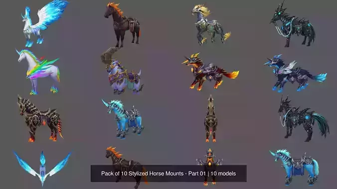 Pack of 10 Stylized Horse Mounts - Part 01