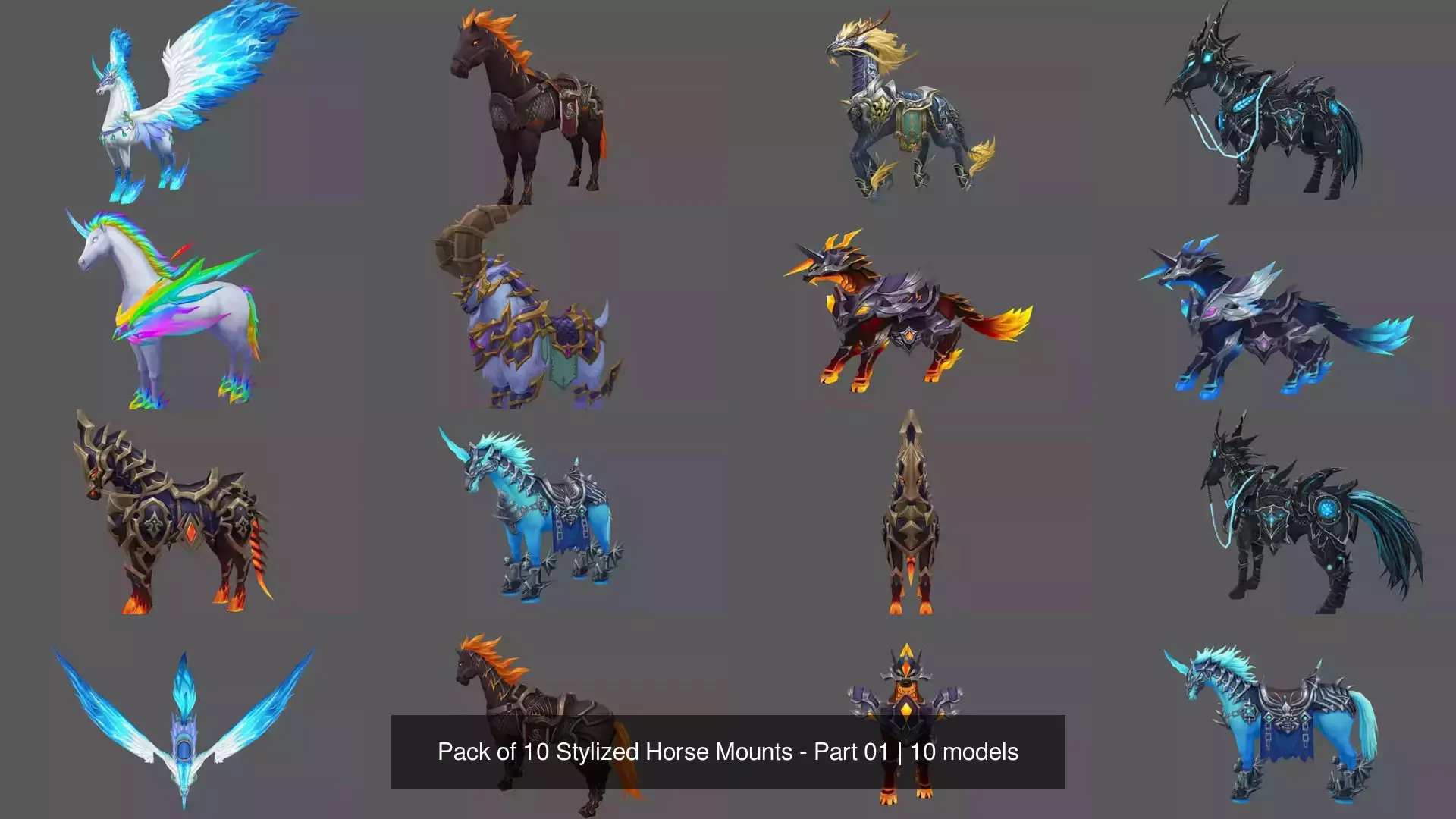 Pack of 10 Stylized Horse Mounts - Part 01 3D Model Collection_11