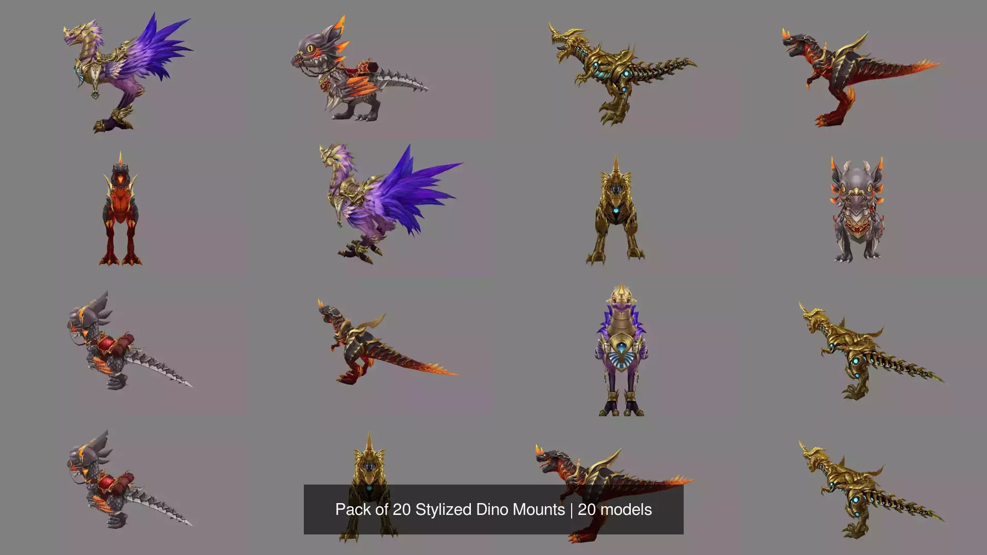 Pack of 20 Stylized Dino Mounts 3D Model Collection_22