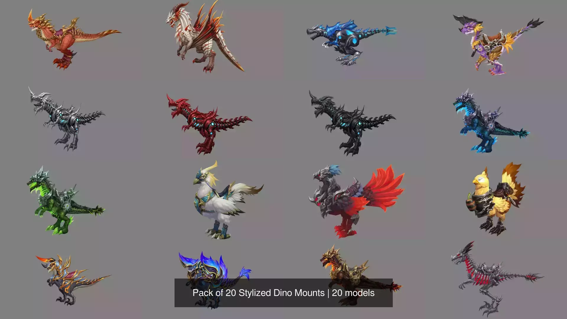 Pack of 20 Stylized Dino Mounts 3D Model Collection_21