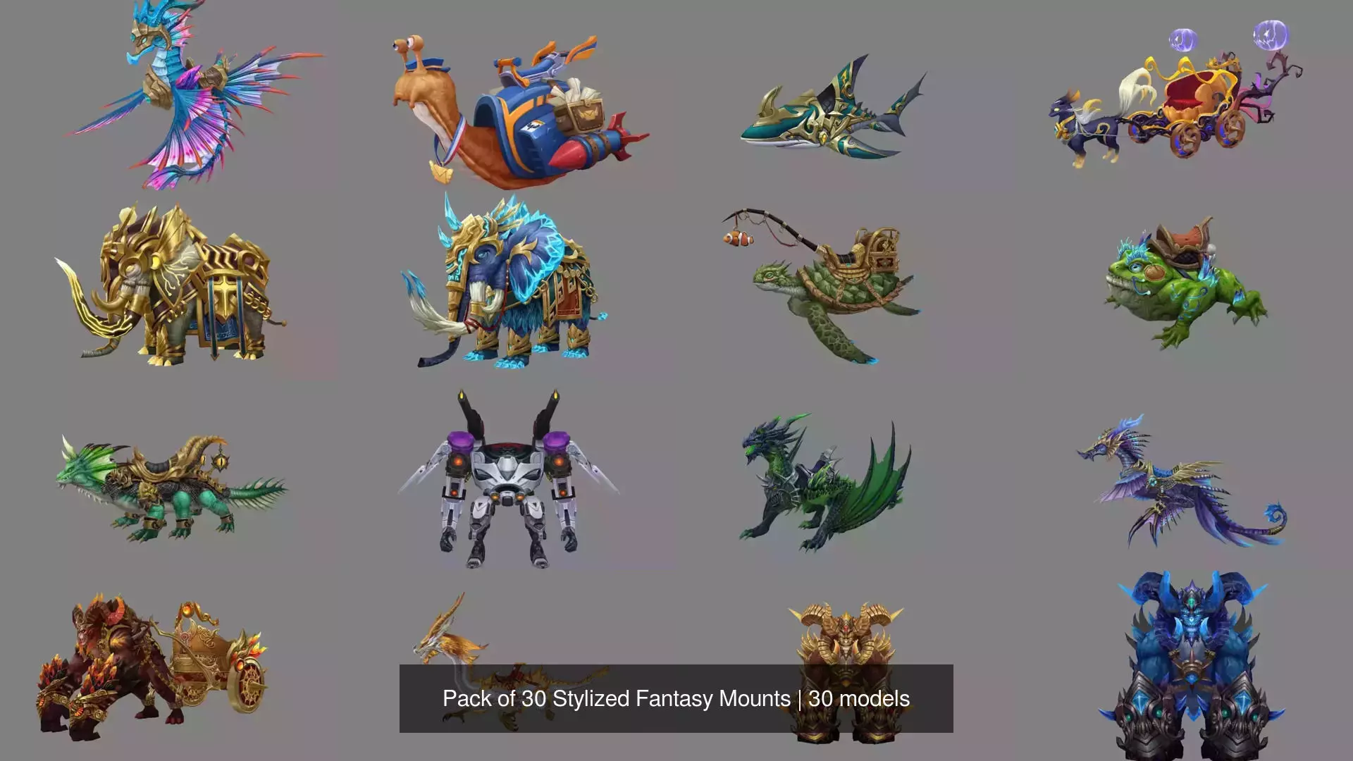 Pack of 30 Stylized Fantasy Mounts 3D Model Collection_30