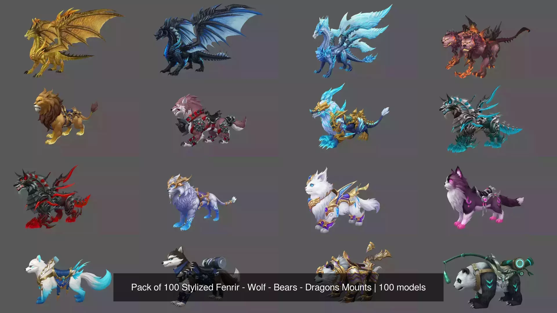 Pack of 100 Stylized Fenrir - Wolf - Bears - Dragons Mounts 3D Model Collection_113