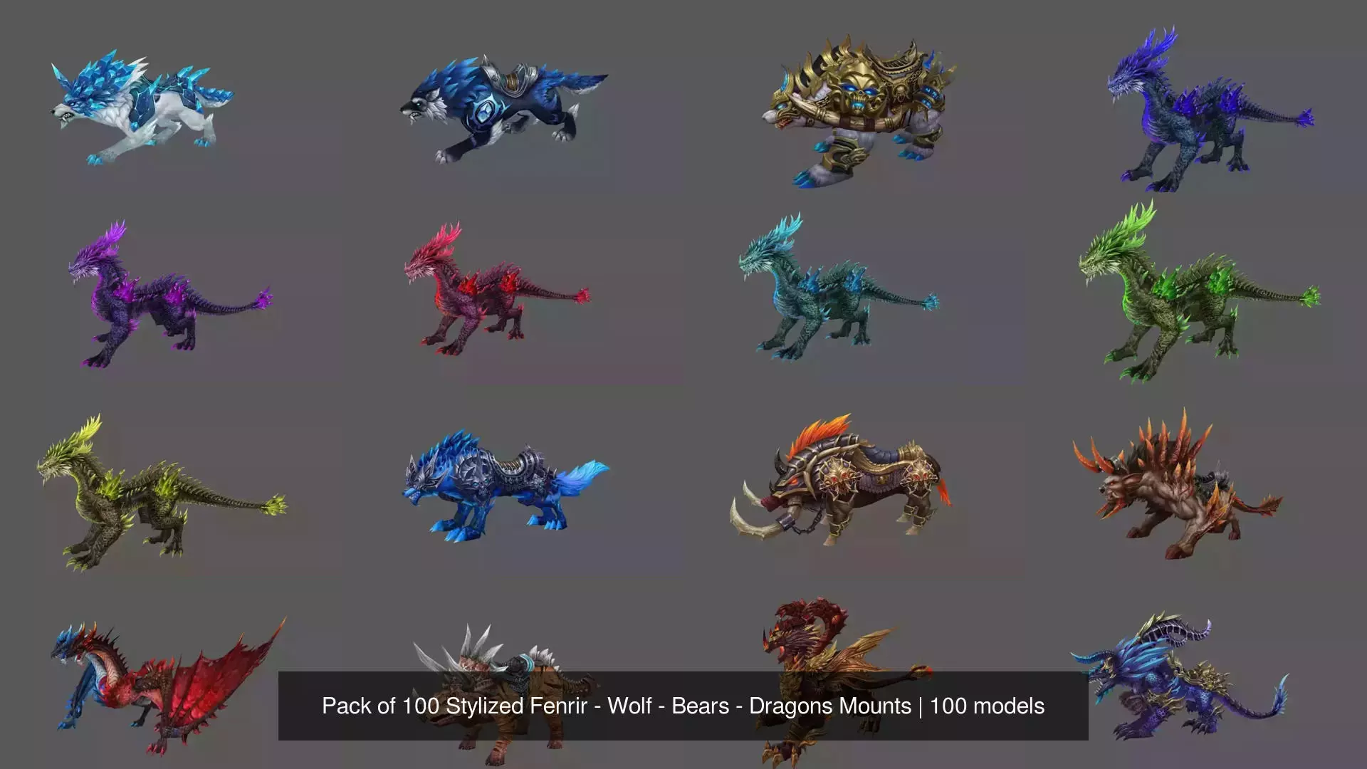 Pack of 100 Stylized Fenrir - Wolf - Bears - Dragons Mounts 3D Model Collection_105