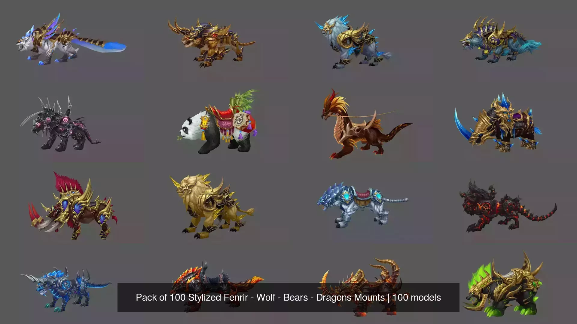 Pack of 100 Stylized Fenrir - Wolf - Bears - Dragons Mounts 3D Model Collection_114