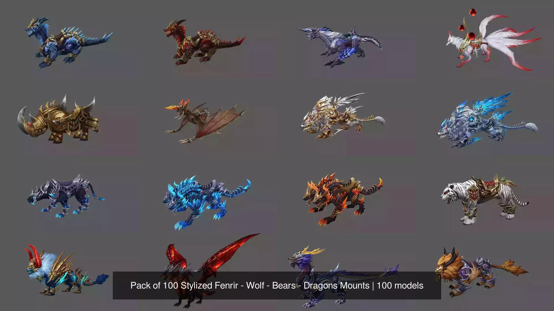 Pack of 100 Stylized Fenrir - Wolf - Bears - Dragons Mounts 3D Model Collection_108
