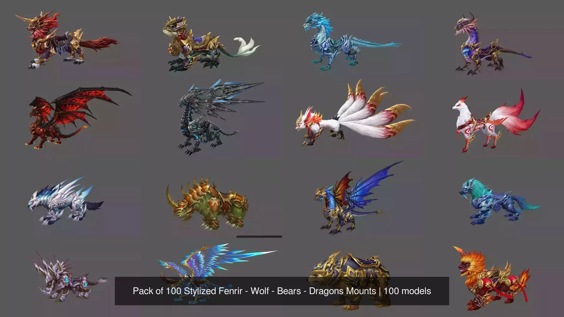 Pack of 100 Stylized Fenrir - Wolf - Bears - Dragons Mounts 3D Model Collection_112