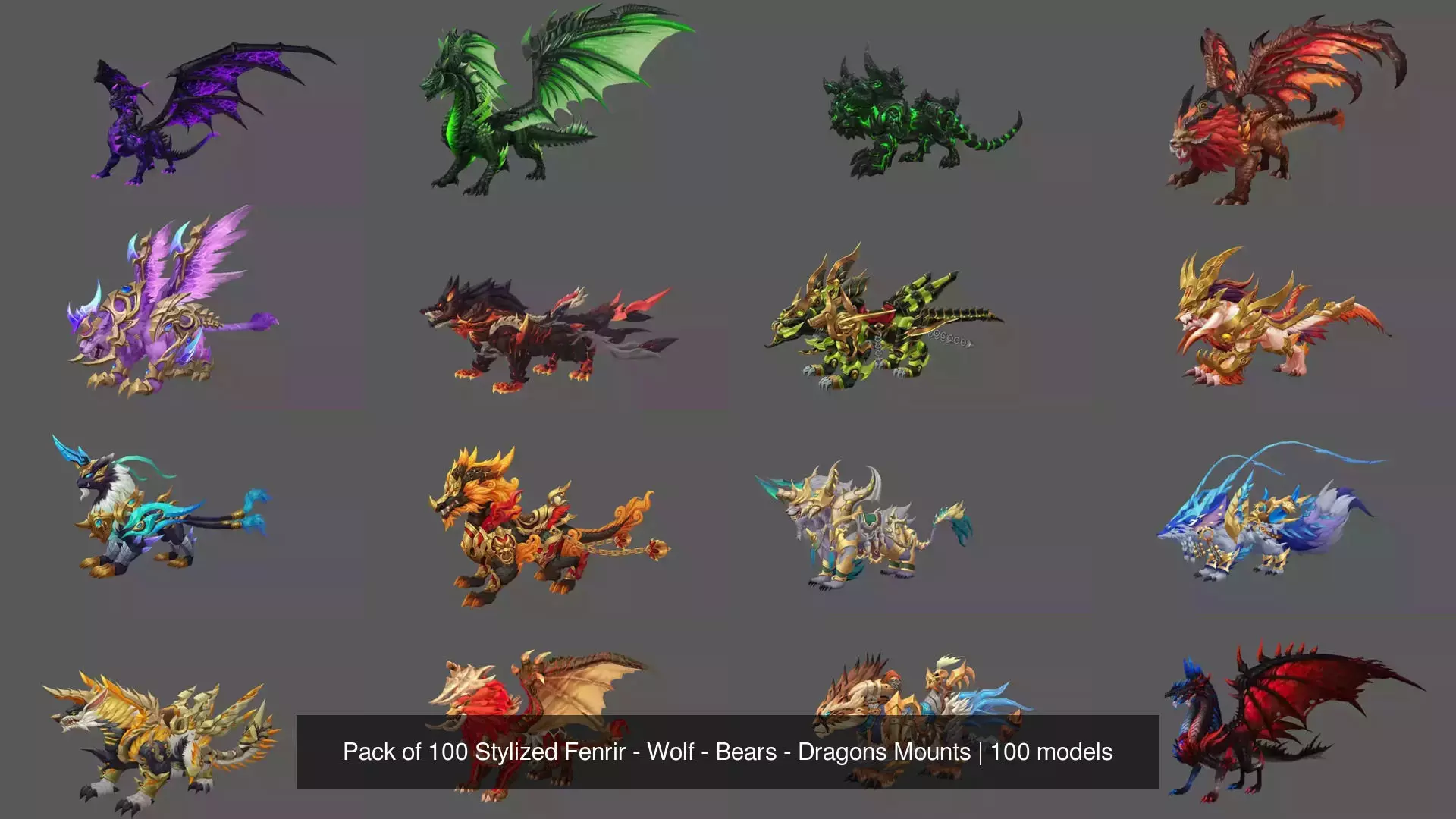 Pack of 100 Stylized Fenrir - Wolf - Bears - Dragons Mounts 3D Model Collection_101