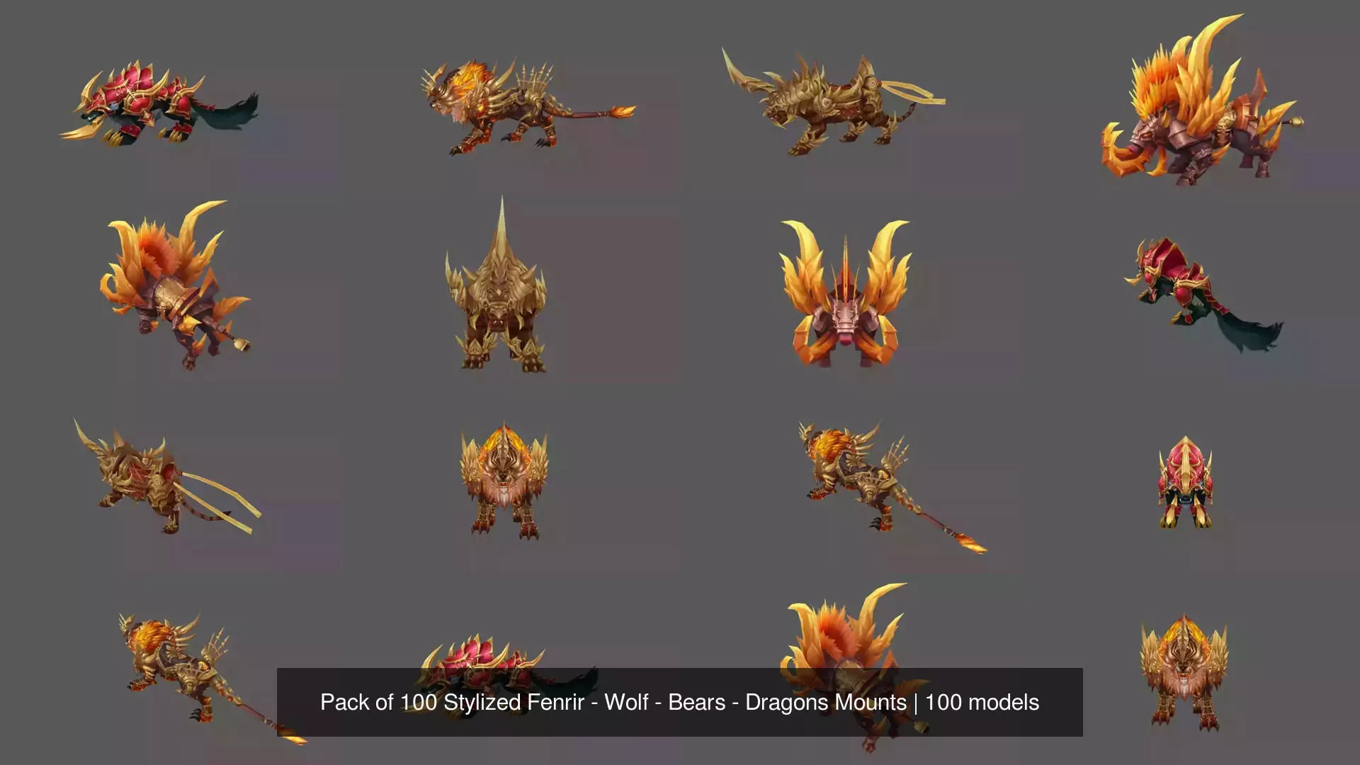 Pack of 100 Stylized Fenrir - Wolf - Bears - Dragons Mounts 3D Model Collection_117
