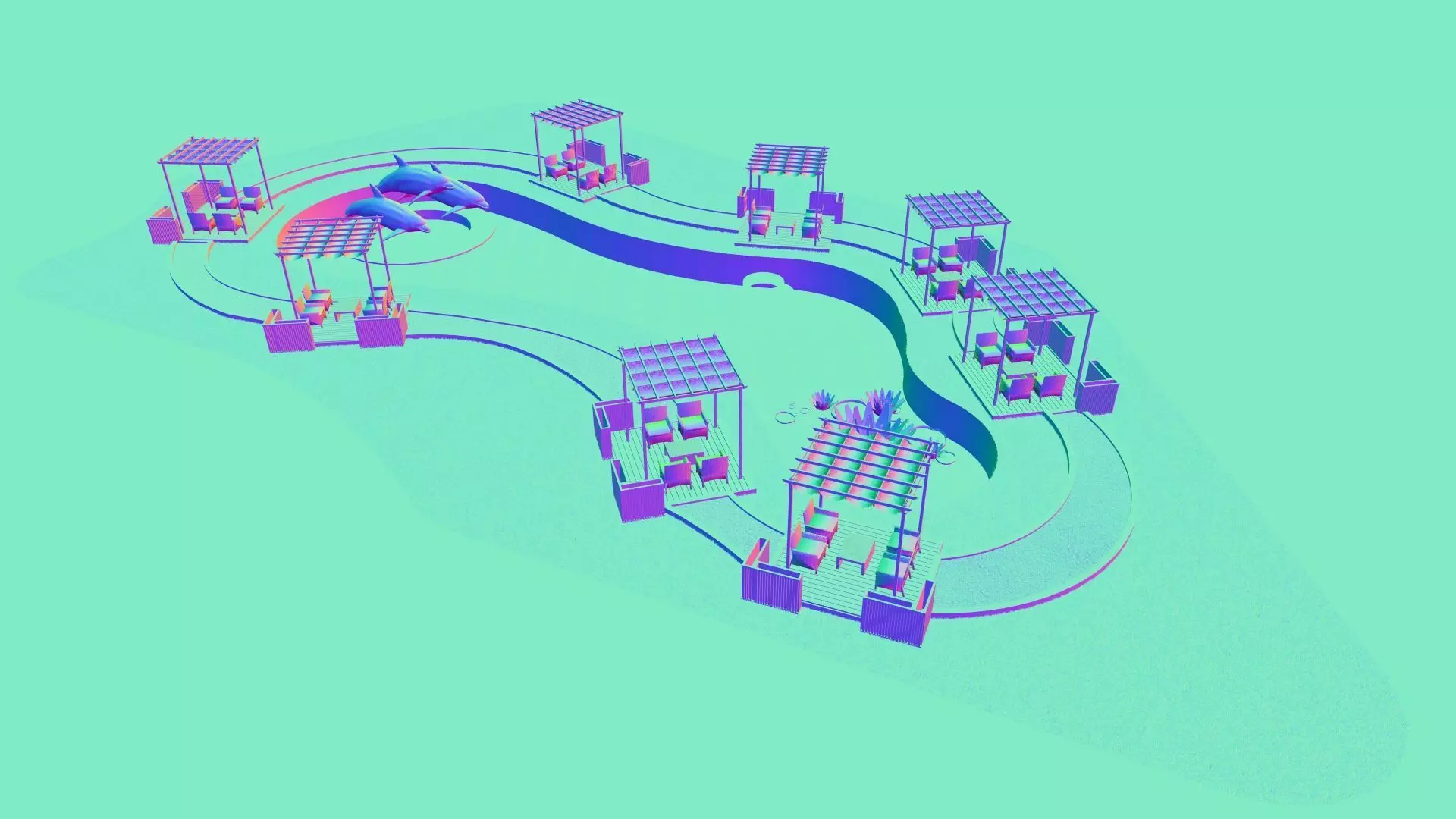 Organic Park Landscape with Water Pond and Pergolas Low-poly 3D model_7