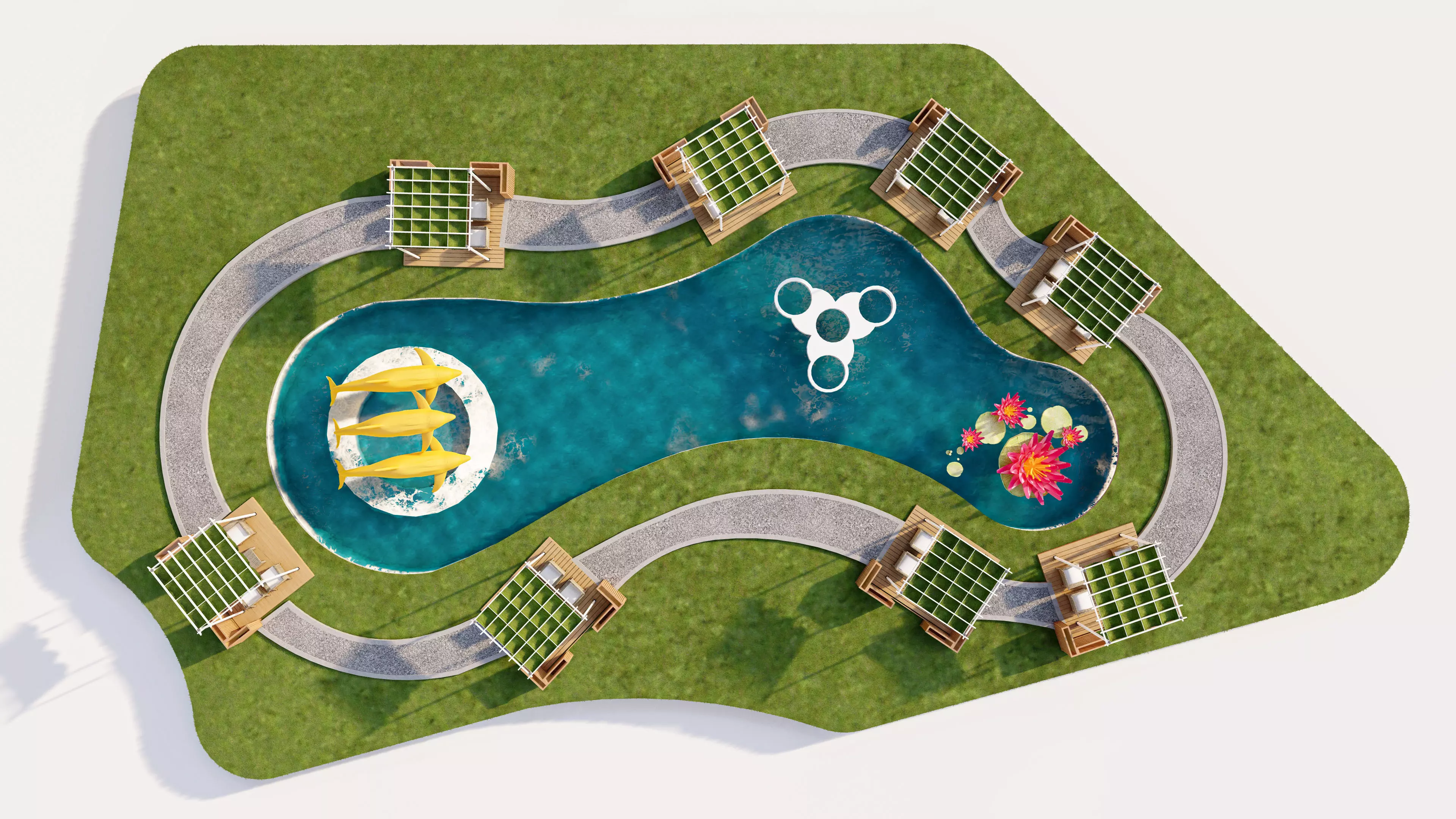 Organic Park Landscape with Water Pond and Pergolas Low-poly 3D model_5