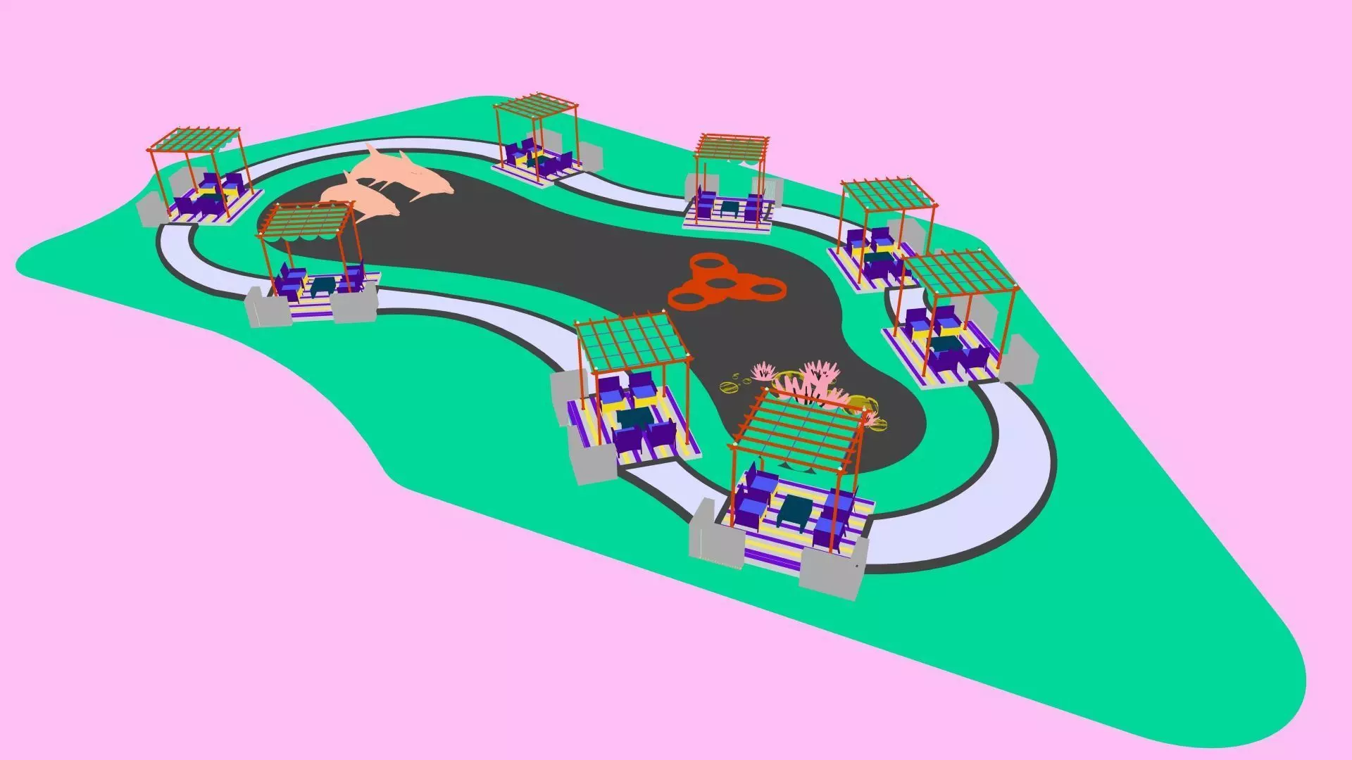 Organic Park Landscape with Water Pond and Pergolas Low-poly 3D model_6