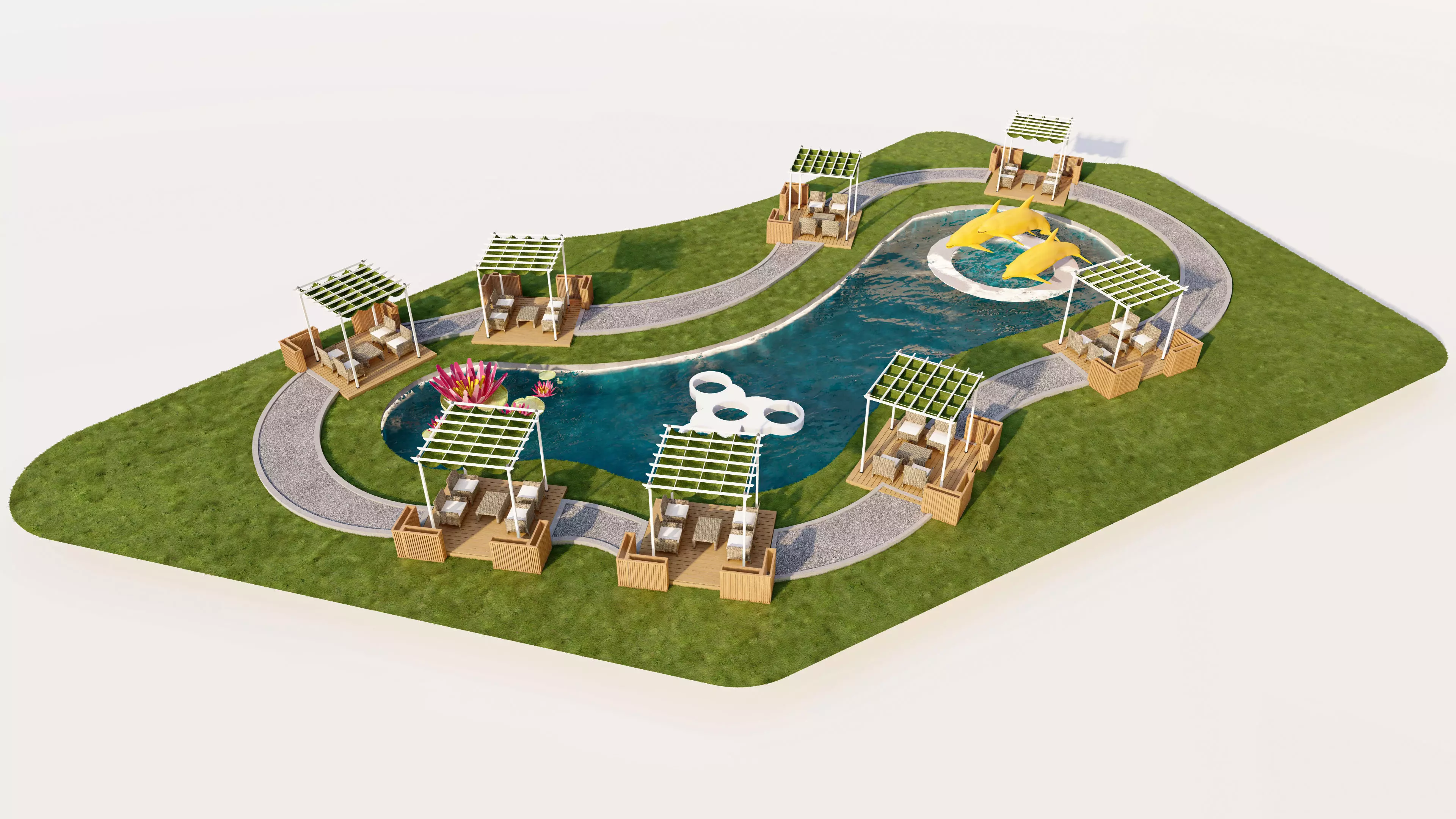 Organic Park Landscape with Water Pond and Pergolas Low-poly 3D model_2