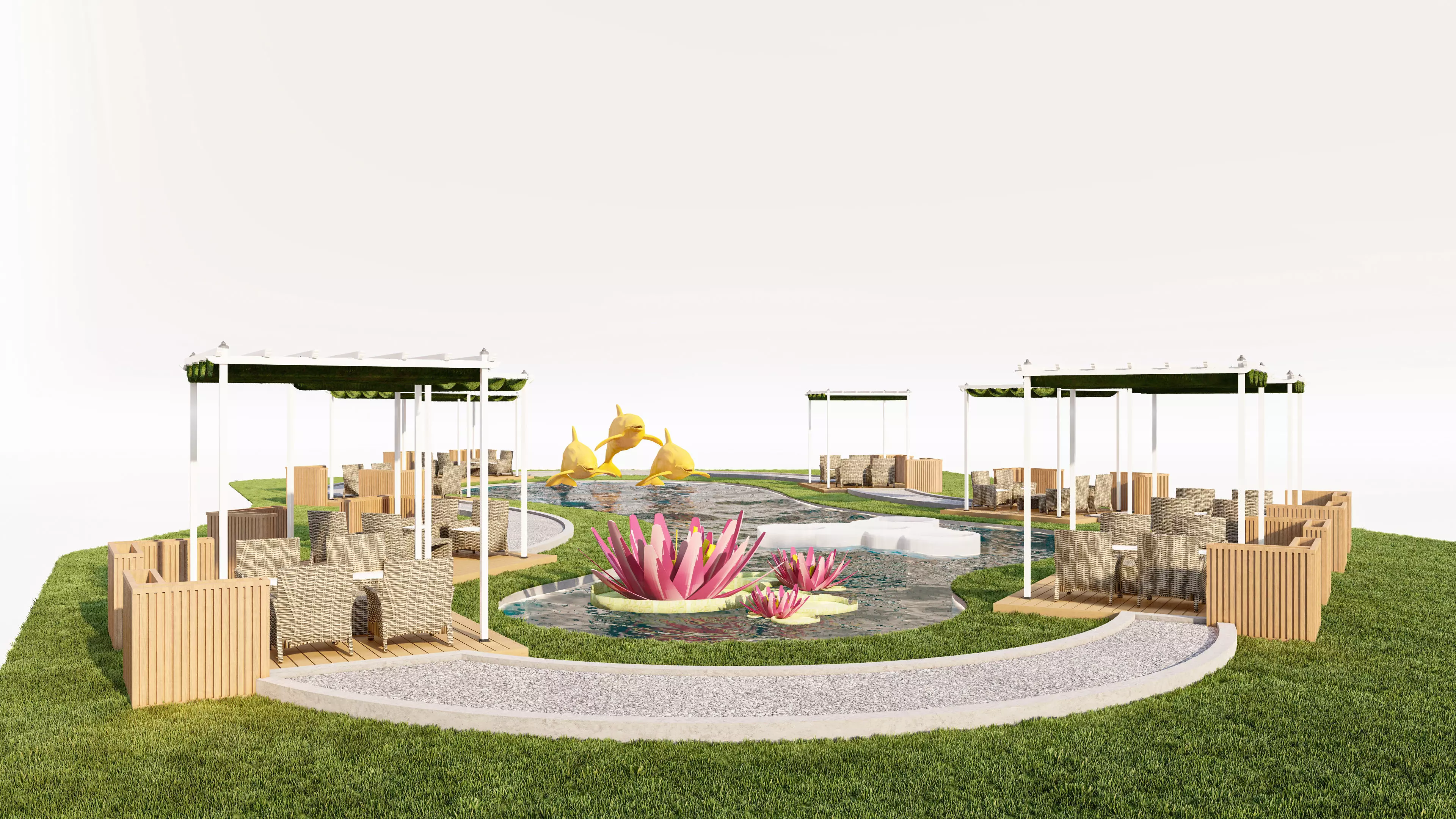 Organic Park Landscape with Water Pond and Pergolas Low-poly 3D model_4