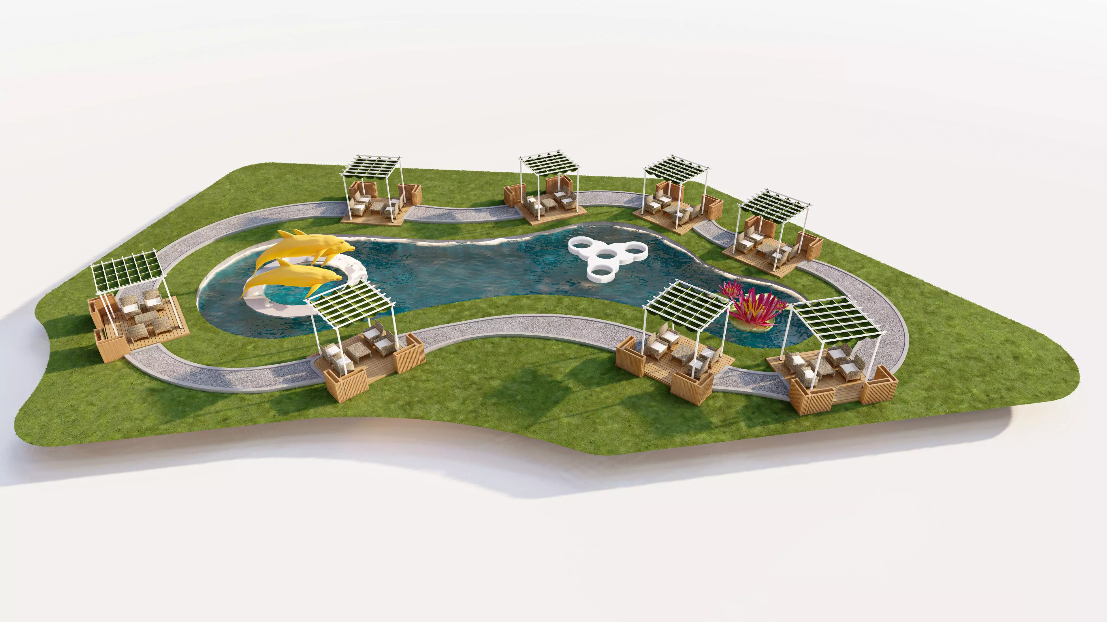 Organic Park Landscape with Water Pond and Pergolas Low-poly 3D model_3