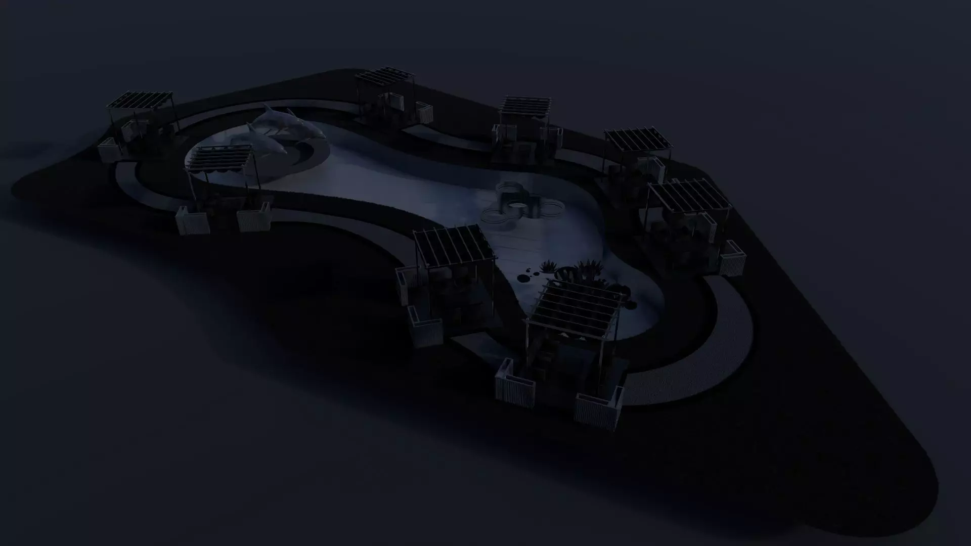 Organic Park Landscape with Water Pond and Pergolas Low-poly 3D model_8